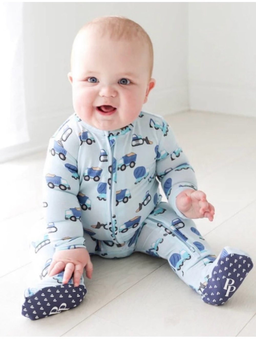 Posh Peanut Kids Light Blue Construction Print Zip One-Piece